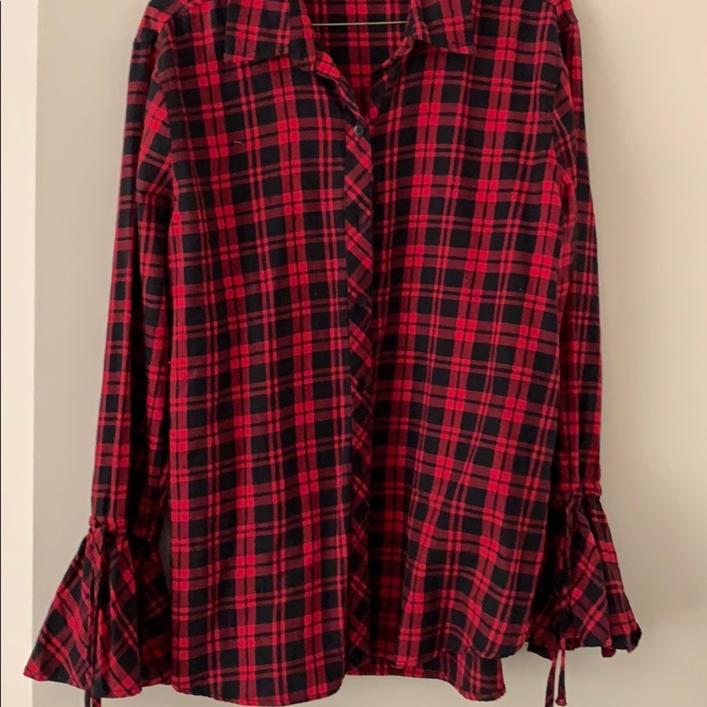 Plaid bell sleeve button down top